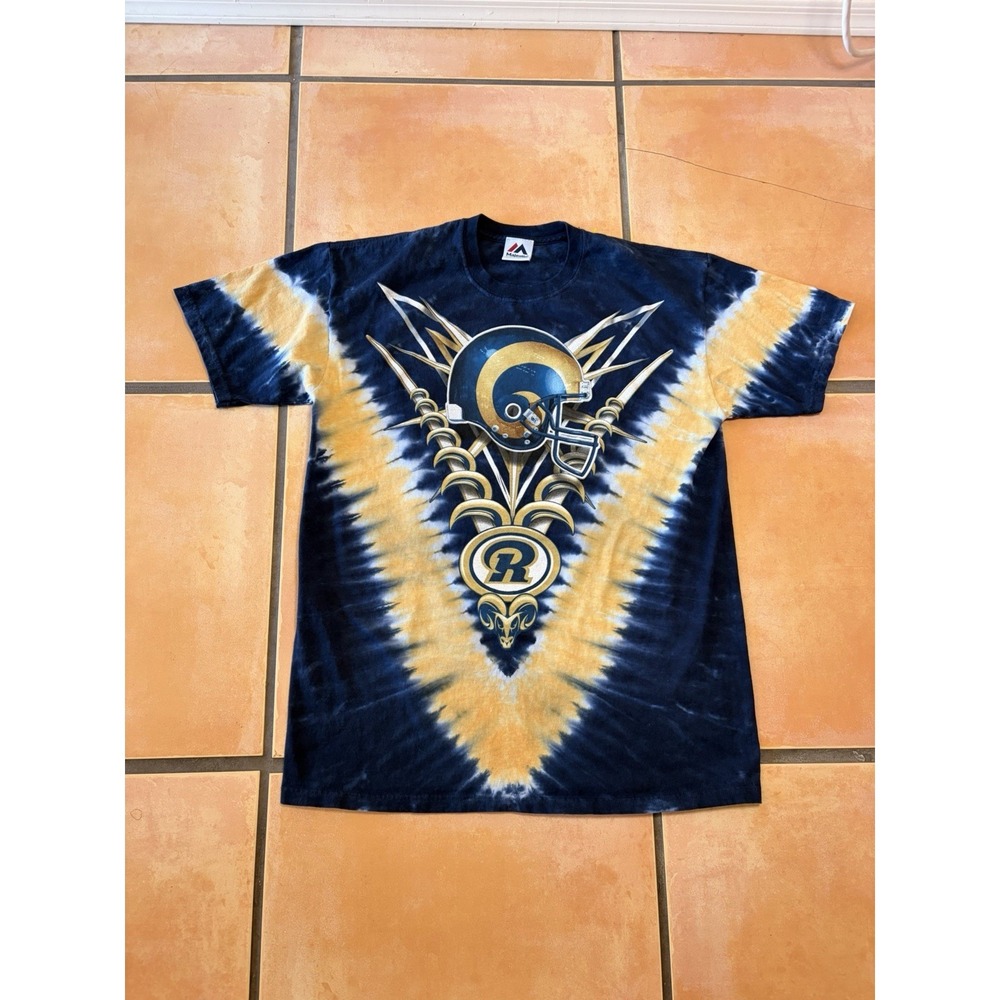 Vintage Los Angeles Rams Tie Dye Shirt Majestic Navy Blue White Large